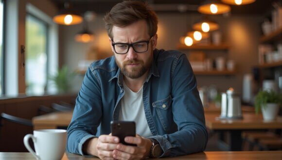 En mann bruker gratis WiFi på flyplass – trygg bruk av offentlig nettverk